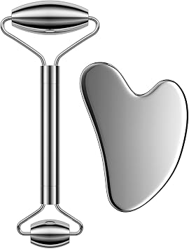 Stainless Steel Face Roller and Gua Sha Tool Set for Facial Microcirculation Removes Toxins Prevents Wrinkles Boost Radiance of Complexion - 100% Authentic Genuine Stainless Steel