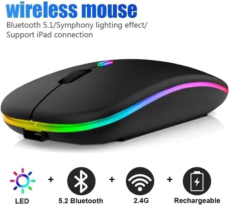 Miniatura 6 de Ratón inalámbrico para juegos, retroiluminación LED RGB, Bluetooth recargable, 3600 DPI, diseño ergonómico para computadora portátil, PC (blanco)