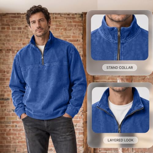 Denim Shirt Men Washed Retro Quarter Zip Pullover Top with Pockets - image 8