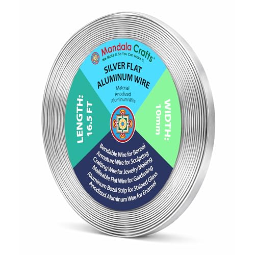 Image of Mandala Crafts 10mm Silver Tone Flat Aluminum Crafting Wire for Sculpting | 16.5 FT, Anodized, Colored, Tarnish Resistant, Bendable, Flexible, for Jewelry Making, Bezel, Bonsai, Armature, Outdoor