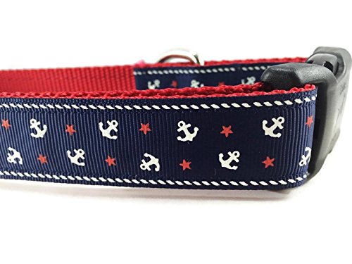 Blue Anchor Dog Collar, Caninedesign, Navy, Sailing, 1 inch Wide, Adjustable, Nylon, Medium and Large (Large 15-22 )