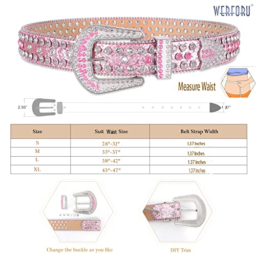 Werforu Women Western Rhinestone Studded Leather Belt Cowgirl Bling Waist Belt For Jeans Dress, Pink,Fit Waist Size 27-31 Inches #TOP5