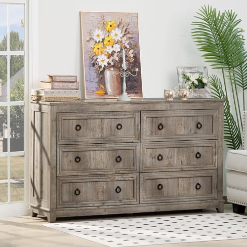 Joaxswe Bedroom Dresser and Nightstand Sets 4 Piece, Farmhouse 6 Drawers Dresser & 40.5\" Tall Chest of Drawers, 18\" Nightstands Set of 2, 54\" Wide Furniture Dressers for Bedroom, Living Room, Grey