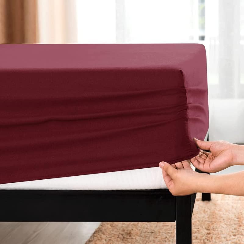 Image of Queen Size Bedsheets for Single Bed 600 TC - Cotton Elastic Fitted Sheet (60 x 78 Inches) with 10 Inch Drop- Color Maroon Solid [ Fitted Sheet with 2 Pillow Cover]