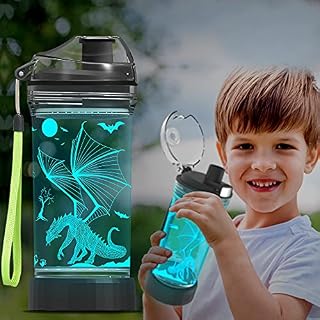 Ammonite Dragon 14 Oz Water Bottle with 3D Glowing LED Light - BPA Free Tritan - Travel Cup Gift for Back to School Boy Child Holiday Camping Picnic