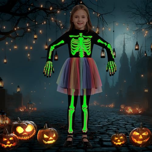 Miyanuby Girls Halloween Costume Glow in the Dark Skeleton Costumes for Kids Toddler Girls Fancy Dress Costume Tutu Skirts Outfit Set + Black Legging - Image 2