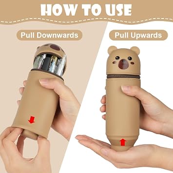 Vicloon Pencil Case, Bear Pencil Case in Soft Silicone, 2 in 1 Silicone Pouches Big Capacity Pencil Case and Desk Pen Holder, Retractable Capacity, Zipper Closure (Brown)