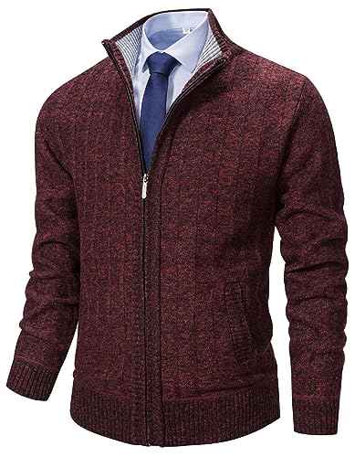 Neecan Men's Cardigan Sweaters Full Zip Up Stand Collar Slim Fit Casual Knitted Sweater with 2 Front Pockets 3/Wine Red Large