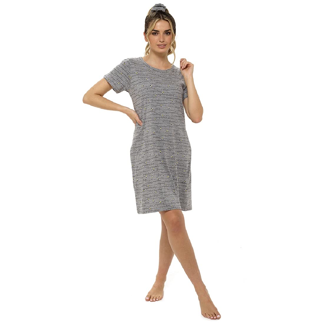 STC Stores Ladies Long Sleeve and Short Sleeve Nightdresses, Nightshirts, Nighties, Soft Jersey Cotton Rich UK 8-22 (Busy As A Bee with Hair Scrunchie - 85% Cotton, 15% Viscose, UK 16-18)