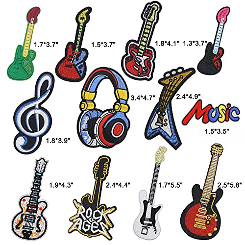 Antrix 12 Packs Iron on Music Guitar Headset Patches, Hip Hop Rock Music Style Embroidery Iron on Sewing on Applique Patches for DIY Rockers Singers Kids Jackets Jeans Clothes Dress Hat Pants Shoes