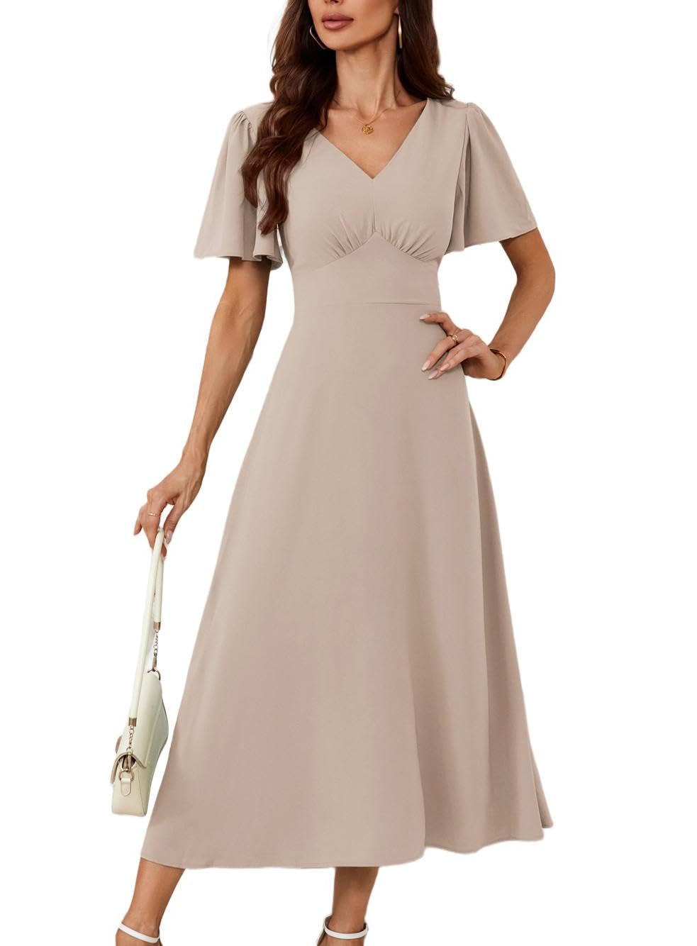 GRACE KARIN Damen Sommer V-Ausschnitt Cape Ärmel Freizeitkleid Kurzarm A-Linie Cocktailkleid Elegant für Hochzeit Party