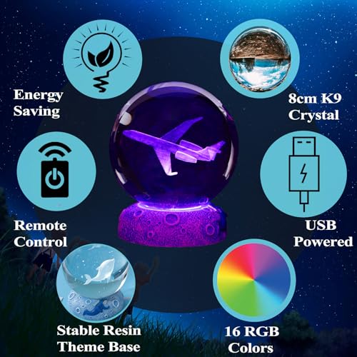 Image of Planes Night Light, Aviation Gifts, 3D Crystal Ball 3.15 Inch (80mm) Airplane Night Light with Remote, Pilot Lamps with 16 Color for Birthday Xmas Cool Figurines Gifts for Room Decor Boys Girls