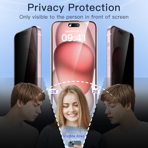 Image of JETech Privacy Full Coverage Screen Protector for iPhone 15 6.1-Inch, Black Edge Anti-Spy Tempered Glass Film with Easy Installation Tool, Case-Friendly, 2-Pack