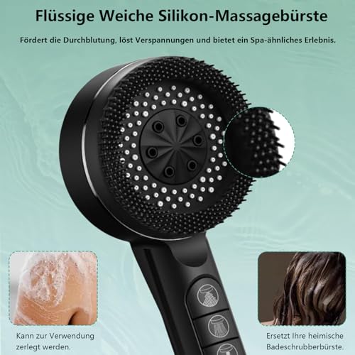 Duschkopf mit Filter, Hochdruck Handbrause mit Schlauch, Hartwasserfilter Duschkopf und Schlauch mit 18-stufigem Filter,4 Sprühmodi Bakterien, Schwermetall, schwarz