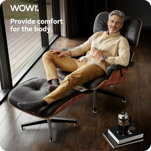 Image of Top Black Grain Leather, Mid Century Chaise Lounge Chair and Ottoman, Modern Chair Classic Design, Palisander Wood, Heavy Duty Base Support for Living Room Office