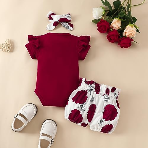 Newborn Baby Girls Clothes Summer Outfits Short Sleeve Saying Romper Bow Floral Shorts Headband3