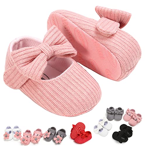 Image of Baby Girls Mary Jane Flats with Bowknot Floral Princess Wedding Dress Shoes Soft Newborn Infant Crib First Walkers Prewalker