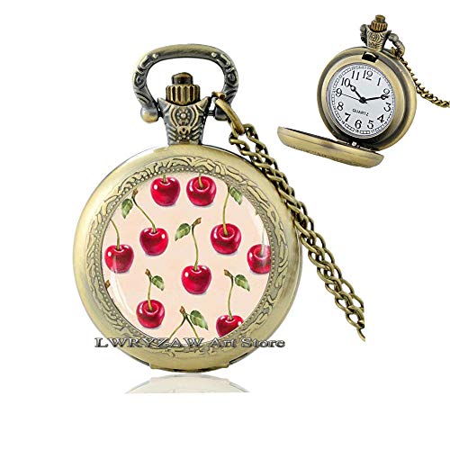 Cherry Pocket Watch Necklace, Rockabilly Jewelry, Red Cherries Art, Fruits Summer Jewelry,Retro Cherry Pendant, Women Gift,Simple Pocket Watch Necklace,Handmade Pocket Watch Necklace,M151