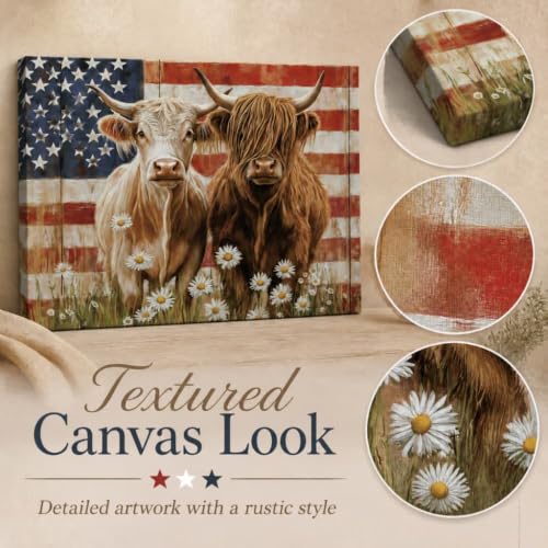 Image of Highland Cow Americana Flag Canvas Print Picture Wall Art for Home Decor | Patriotic Animal, Gallery Wrapped, for Living Room