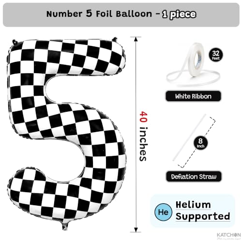 Image of KatchOn Checkered Number 5 Balloon 40 Inch 5th Birthday Decorations for Boy