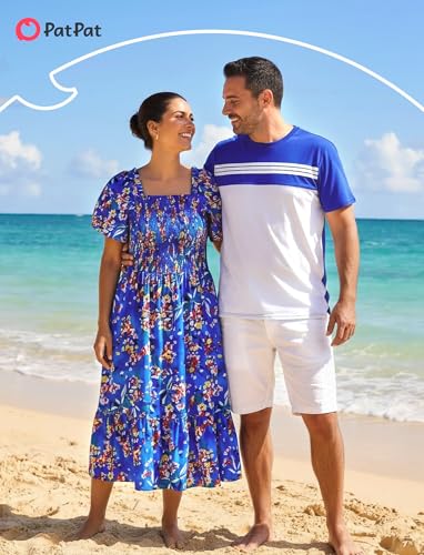 Image of PATPAT Family Matching Outfits Mommy and Me Dresses Floral Dress & T-Shirts | Mommy and Me Easter Dresses, Puff Sleeve Floral Sundress, Cotton Blend T-shirts, Couples Party Wedding Vacation Outfits