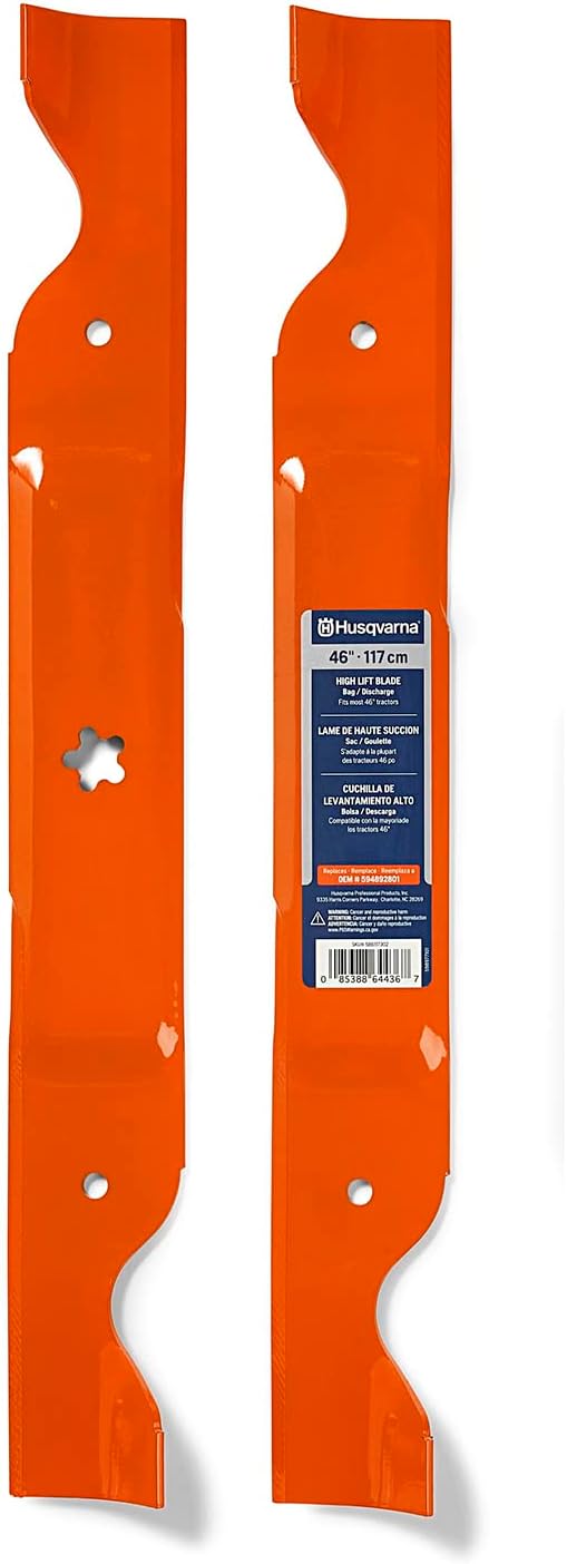 Husqvarna 46-Inch High-Lift Bagging Lawn Mower Blades, Lawn Mower Parts Riding Mowers, Replacement for OEM Part No. 403107, Orange, Pack of 2 Husqvarna 46-Inch High-Lift Bagging Lawn Mower Blades, Lawn Mower Parts Riding Mowers, Replacement for OEM Part No. 403107, Orange, Pack of 2