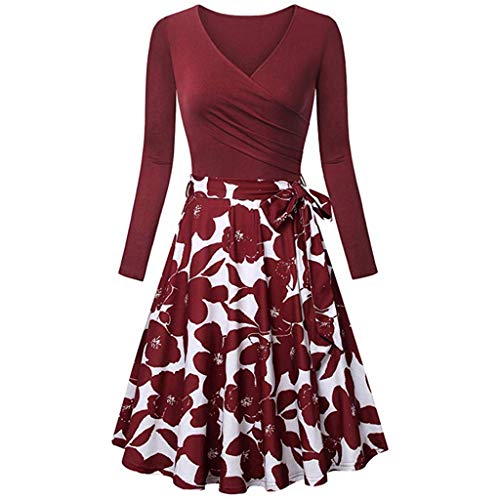 Darringls_Vestido para Mujer,Vestido para Mujer, Mujer Vestido Fiesta Vintage Floral Impresa Dos Piezas de Cóctel Fiesta, Vestido Grande de Empalme,Vestido Elegante de Largo (Rojo, XXL)