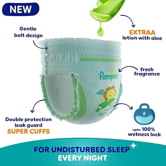 Image of Pampers All Round Protection Pant Style Baby Diapers, Large (L), 48 Count + 10 FREE Diapers Inside Total Count 58, 9-14kg, Anti Rash Blanket, 360 Lotion with Aloe Vera Diapers,New Extraa Lotion with Aloe