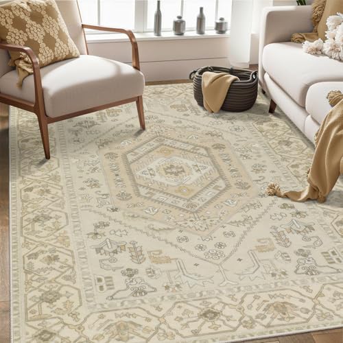 SERISSA Area Rug 3x5 Boho Rugs for Bedroom, Washable Non-Slip Living Room Rug, Ultra Soft Print Distressed Vintage Beige Rug Low-Pile Throw Carpet for Entry Kitchen Bedroom Nursery Dorm Decor