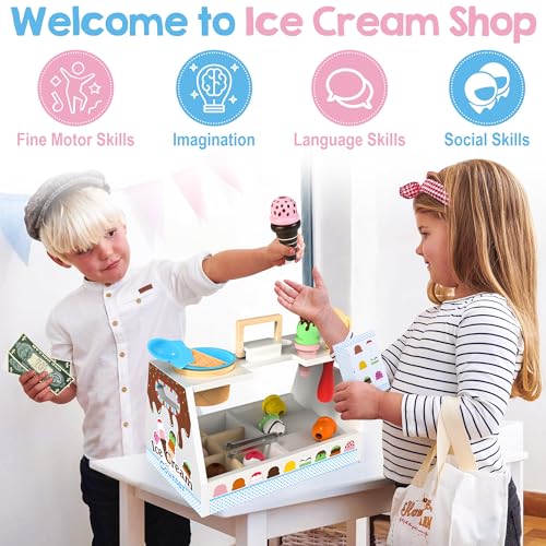 Wooden Ice Cream Toy for Kids, 33 PCS Pretend Play Food for Toddlers 3-5 Portable Ice Cream Stacking Toy, Montessori Toddler Toy Kitchen Playset Gift for Ages 3+ - Thumbnail 4