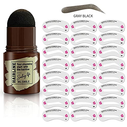 Eyebrow Stamp Shaping Kit, Eyebrow Powder Stamp Waterproof, Brow Stamp Shaping Kit Eyebrow Definer, Makeup Tools with 24 Reusable Eyebrow Stencils (Gray-black)