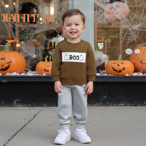 Toddler Baby Boy Halloween Outfits Long Sleeve Checked Pumpkin Sweatshirt+Pants Set Fall Winter Baby Boy Clothes2