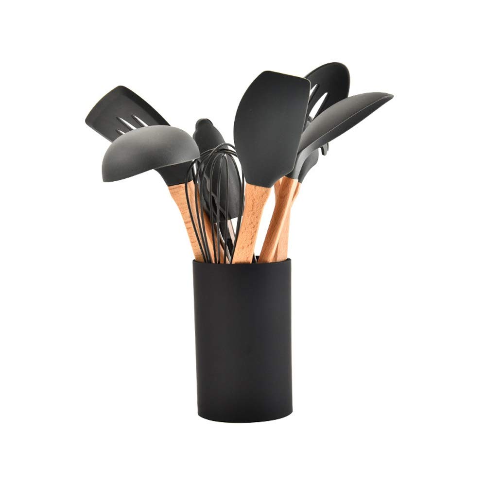 in 1 Silikon-Kochgeschirr mit Holzscheitgriff， Silikongeschirr， Küchenutensilien， Antihaft-Spatel， Löffel， Spatel， Küchen-Kochwerkzeug-Set， Schöpfkelle，