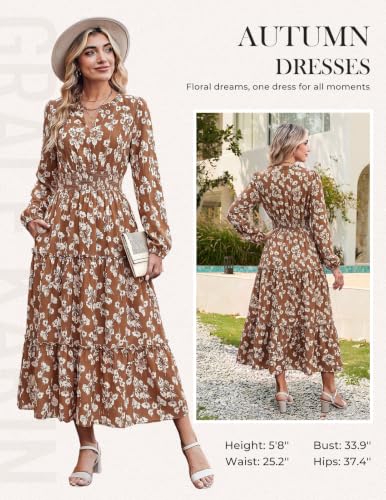 Image of GRACE KARIN Women's Floral Maxi Dress 2026 Fall Long Sleeve V Neck Empire Waist A Line Flowy Dress with Pocket