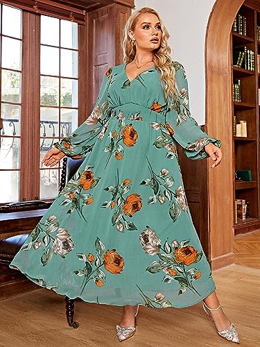 Image of Simplee Women's Plus Size Easter Dress Spring Long Sleeve Floral Maxi Dress V Neck Empire Waist Boho Maternity Dress for Photoshoot (3XL Lake Green)