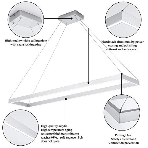 Sunmoo Modern Led Chandelier Linear Rectangle Chandelier Modern Led Pendant Light Kitchen Island Lighting Fixture 6000K Dimmable 39.4” Contemporary Hanging Light For Dining Room Living Room Bar Silver #TOP4
