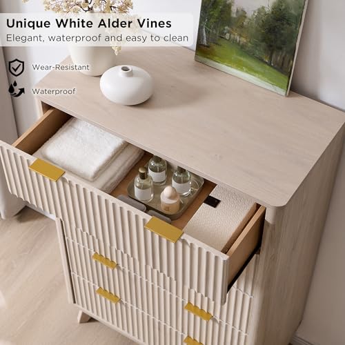 Image of T4TREAM Fluted 5 Drawers Dresser, 48 inch Tall Modern Chest of Drawers, Curved Profile Design, Wood Drawer Organizer for Bedroom, Living Room, Hallway, Entryway, White Alder