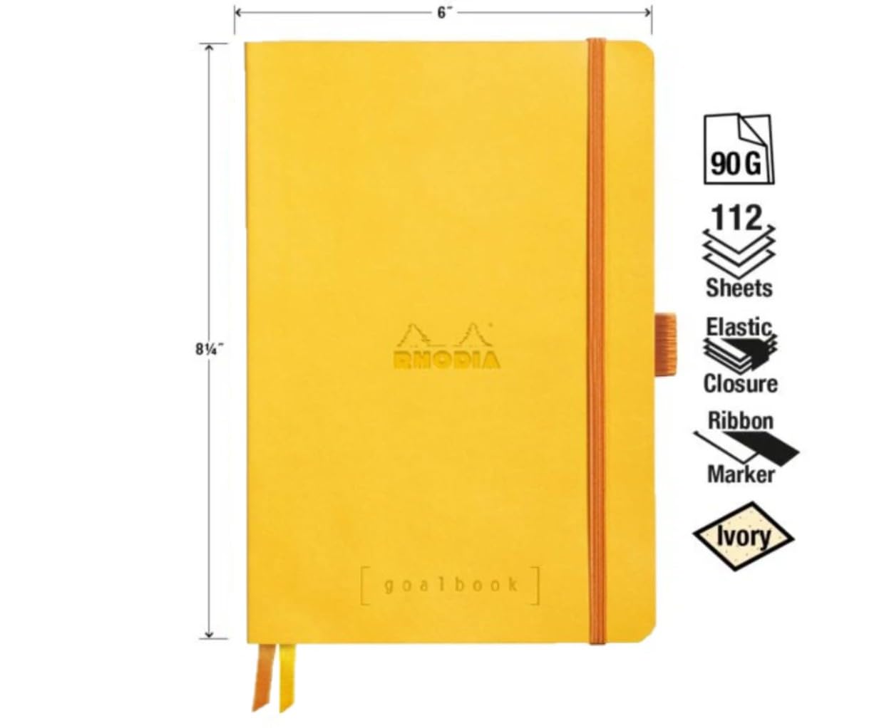 RHODIA 117756C - Carnet Souple Goalbook Jonquille - A5 14,8 x 21 cm - Pointillés Dot - 240 pages - Papier Clairefontaine Ivoire 90 g/m² - 2 Rubans, Fermeture Élastique - Simili Cuir