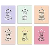 CRYSTAL CANVAS Cute Dress Hanger Quote Prints - Set of 6 (8x10 Inches) Glossy Wall Art Decor Photos Fashion Silhouette Typography