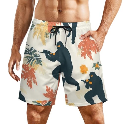 Bigfoot Shooting Hawaii Tropical Plants Beach Shorts for Men Swim Trunks Quick Dry Swim Shorts with Compression Liner Pocket
