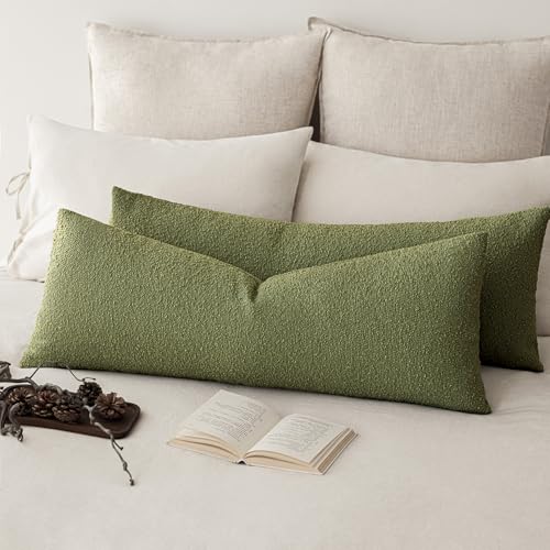 Image of Foindtower Decorative Textured Boucle Throw Pillow Covers Accent Solid Pillow Cases Neutral Long Body Lumbar Couch Cushion Case for Chair Sofa Bedroom Living Room Home Decor 14x36 Inch,1PC,Green