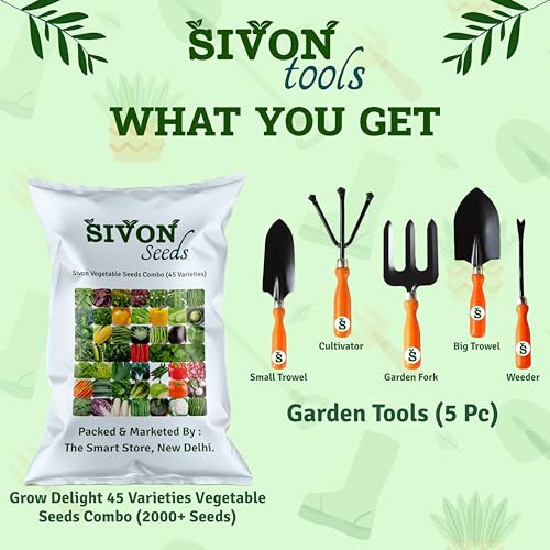 Image of SIVON Vegetable Seeds Combo For Your Home Garden 45 Varieties (2000 Seeds) And Garden Hand Tools Set of 5