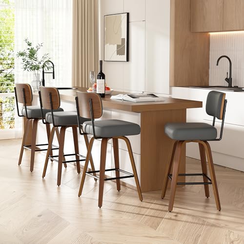 Image of Swivel Bar Stools Set of 4, 26 inch Upholstered Faux Leather Counter Height Barstools with Walnut Back & Bentwood Legs, Mid Century Modern Bar Chairs Island Stools for Kitchen Counter, Dark Grey