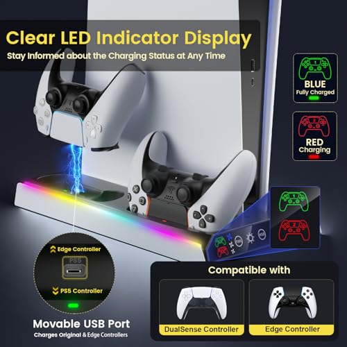Image of Fenolical PS5 /PS5 Slim /Pro Stand with Adjustable Cooling Fan, Vertical PS5 Cooling Stand for PS5 /PS5 Slim /Pro, Multifunctional PS5 Cooling Station with Dual Controller Chargers and RGB Light