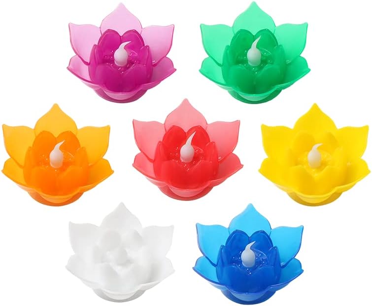 Miniatura 5 de Romingo Paquete de 7 velas LED de loto flotantes, funciona con pilas, luz sin llama, color verde