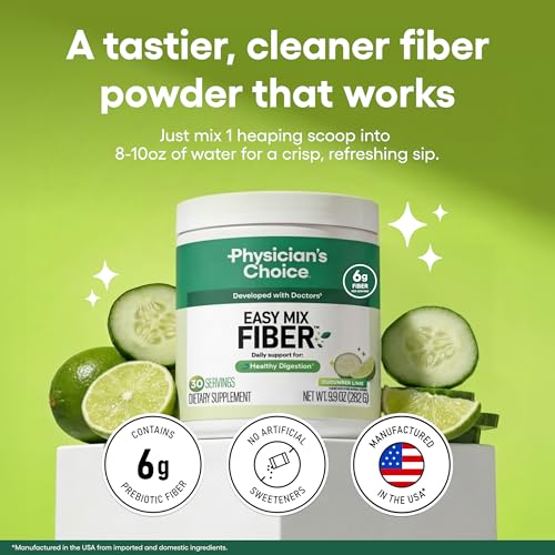 Image of Physician's CHOICE Easy Mix Fiber for GLP-1 Support - No Grit - Daily Prebiotic Soluble Fiber Powder Supplement for Women and Men - Cucumber Lime - 30 Servings