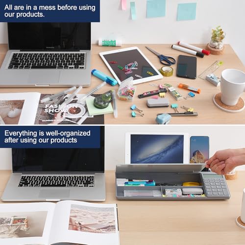 Image of Small Glass Desktop Whiteboard Dry-Erase-Board - Computer Keyboard Stand with Calculator White Board Surface Pad with Drawer, Desk Organizers with Accessories for Office, Home, School Supplies - Grey