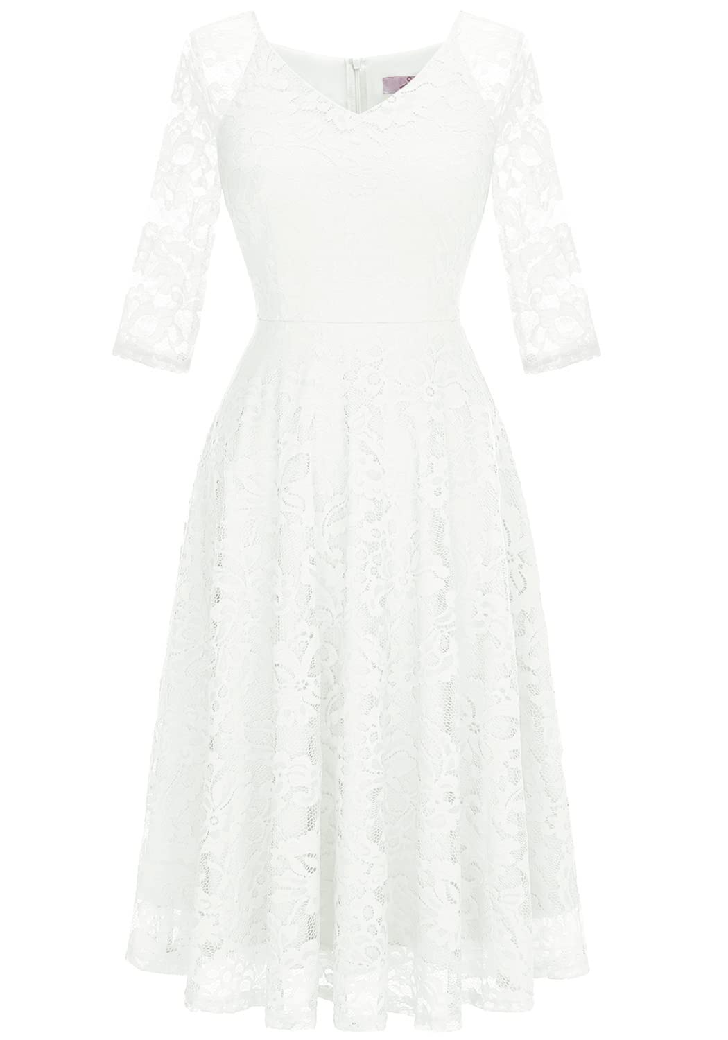 Dressystar Robe de Soirée Cocktail Femme Midi Dentelle Manche Longue sous Genou Robe de Mariage Invitée Col en V Glamour et Chic