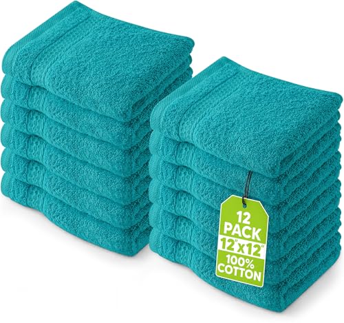Image of Utopia Towels 12 Pack Premium Wash Cloths Set, 12 by 12 Inches, 100% Cotton Ring Spun, Highly Absorbent and Soft Feel Essential Washcloths for Bathroom, Spa, Gym, and Face, Turquoise