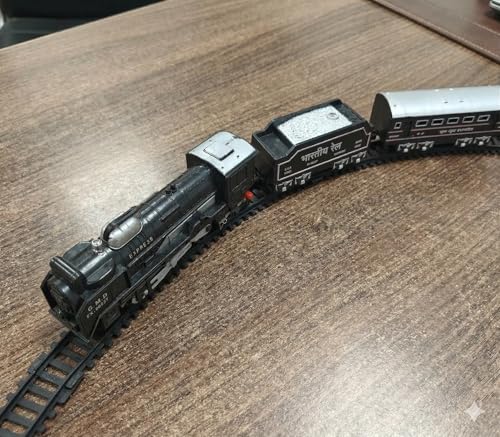 Image of VU Toys Small Rail Gadi Train Set for Kids (3+ Years) | Rechargeable Engine with Coal & Passenger Coach | Water Smoke, Hindi Music, Lights & Sound | C-Type Charging | 10 Round Tracks (Black)